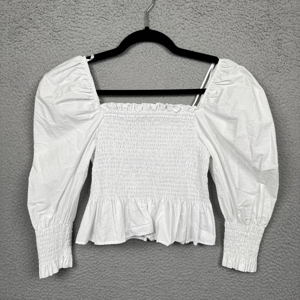 Zara Top Womens S White Smocked Romantic Feminine Milkmaid Preppy Clean Girl‎
